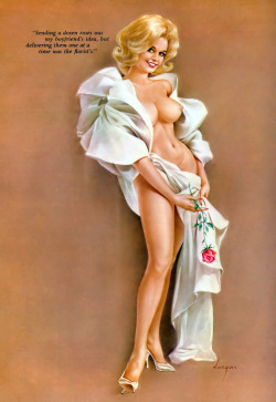 lovethepinups:  Alberto Vargas - April 1966 Playboy Magazine Vargas Girl - “Sending a dozen roses was my boyfriend’s idea, but delivering them on at a time was the florist’s.”