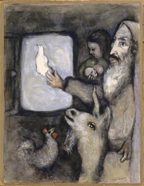 artist-chagall: Noah lets go the dove through the window of the Ark (Genesis VIII, 6 9), 1931, Marc 