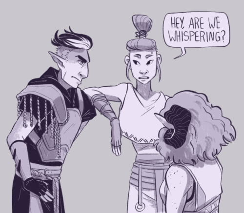 calebwidodadst: roocharfferarts: hey guys, hey [ID: A digital drawing of Fjord, Beau, and Jester. Be