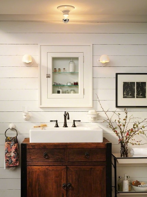 Simple FarmHouse Bath Accented with ship lap @vintagefarminteriors@instagram