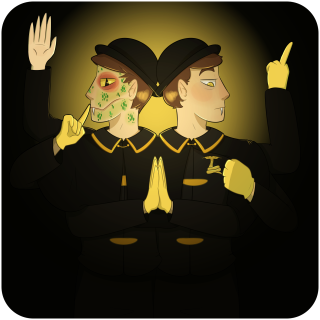digital drawing of Janus, mirrored to show both halves of his face. his six arms are in different positions: raised in oath, shushing, pulling aside his cloak, flipping the bird, and clasped in prayer