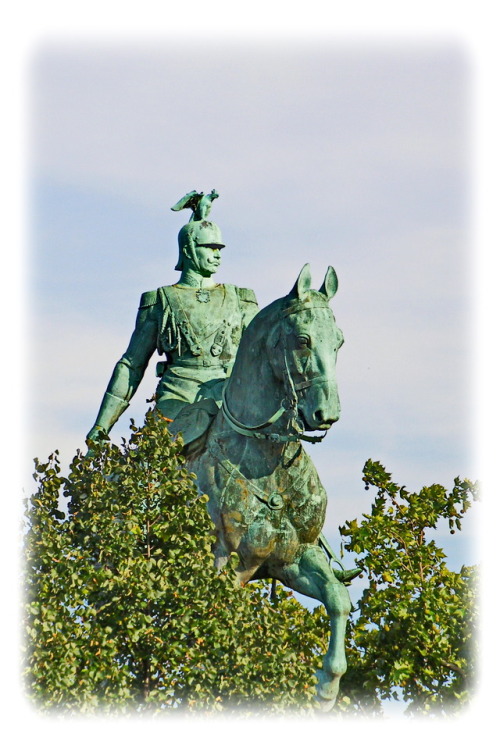 And the horse rider breached through the bushes.Equestrian statue, Cologne, Germany.