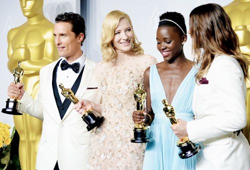 kinginthenorths:Matthew McConaughey, Cate Blanchett, Lupita Nyong’o, and Jared Leto pose in the pres