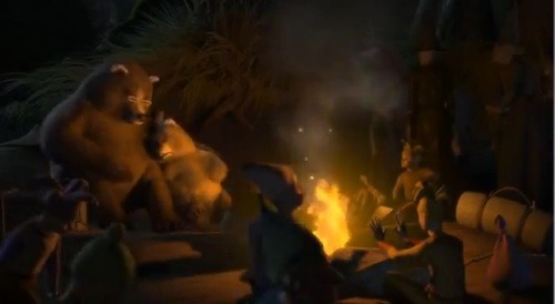 forgivenessisourtorch:   Can we just talk about the movie Shrek for a second here?Here we see the three bears in a cage, the baby bear is crying that it’s too small. Now, back at Shreks swamp we see the baby bear still crying to his father, yet he’s