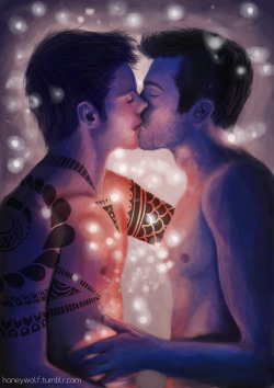 thegayboyslove:  jojomalik:  honeywolf:  Magical!Stiles AU for Sterek Week.  To be honest, I just wanted to draw floating lights and tattoos.  Also this fanart is for chrysthebadwolf, because without her I would probably have totally forgotten about