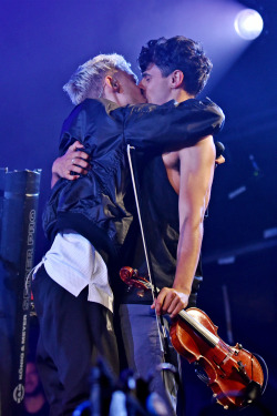 yearshq: Olly Alexander of Years &amp; Years kisses boyfriend Neil Amin-Smith of Clean Bandit as the they perform on the main stage at the 2015 Jersey Live Festival at Saint Helier on September 05, 2015 in Jersey, England 