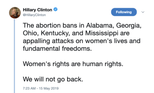 Hillary Clinton reacts to the anti-abortion law in Alabama.