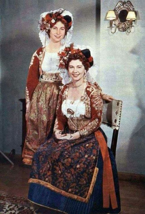 Old photo of Greek women in the traditional dress of Corfu. 