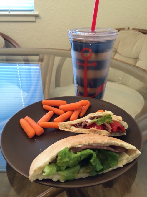 Lunch today: Pita pockets with roast beef and veggies, baby carrots, homemade iced magic coffee, and