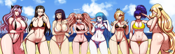 jadenkaiba:    “Get ready to hit the beach XD”Quick Sketch of various Anime and Game Girls in bikiniCharacters from Left to RightCamilla - Fire Emblem FatesNico Robin - One PieceHinata Uzumaki nee Hyuga -  Naruto ShippudenJunko Enoshima - DanganronpaMe