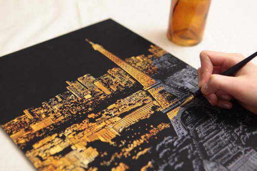 culturenlifestyle:  Cityscape Scratch Art by Lago Design Seoul-based studio Lago Design created a series of scratch-off projects, which comes in the shape of a wooden pencil kit. To create the cityscape image, one must scratch off the gray area of the