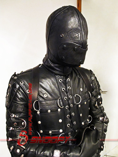 snoopypup:   More recent images of me in my Mr.S leather bondage suit, complete with bondage socks, bondage sleeves, and leather hood! There’s no more complete feeling of encasement in leather than this! ;)   ~snoopy 