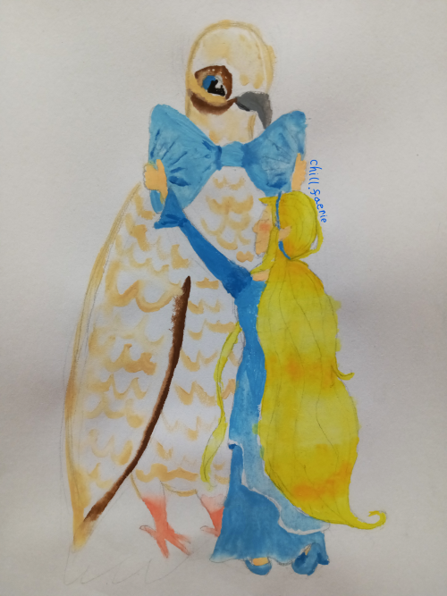 A painting of Rani and Brother Dove from Disney Fairies. Rani stands with her back to the viewer as she ties a big blue bowtie around Brother Dove's neck.