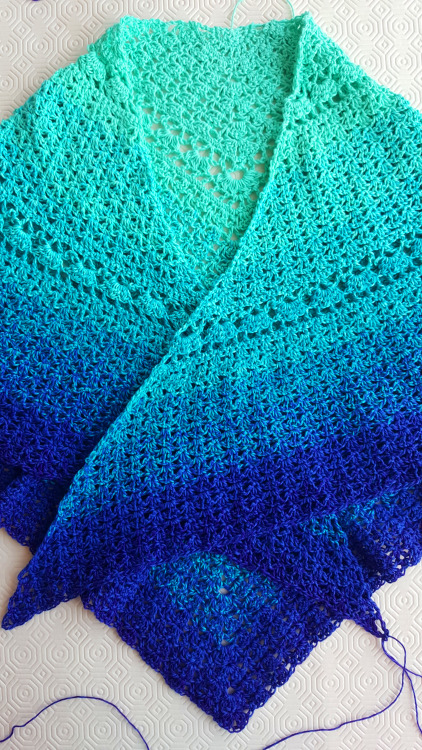 nesting-tendencies:WIP er… Sunday - The Aqua ShawlI think the colours turned out to be gorgeous! For