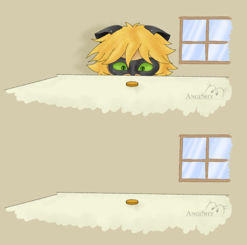 angishy:    That cat thing when cats see a little object when peeking from somewhere and then stealing it… well done, Cat noir, have the coin!  Art © AngiShy/meOriginal post: http://fav.me/da4qdl9