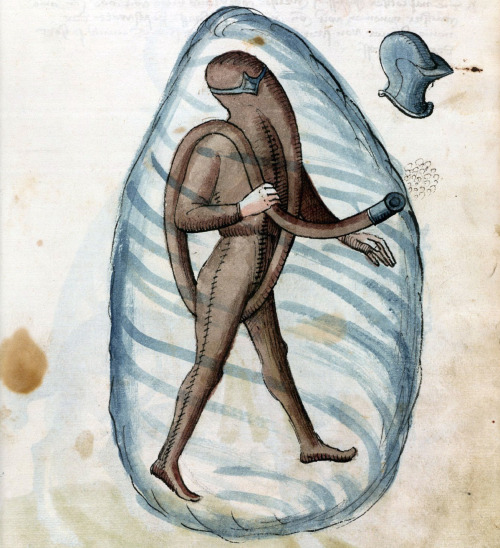 medieval diving suit Konrad Kyeser, Bellifortis, Bavaria 1459.København, Det Kongelige Bibliotek, Th