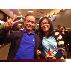 My parents are cute, matching outfits and stuff, but Dad water you doing… 😂 #dinner #cute #theyreruiningmystrictdiet #ily #peace