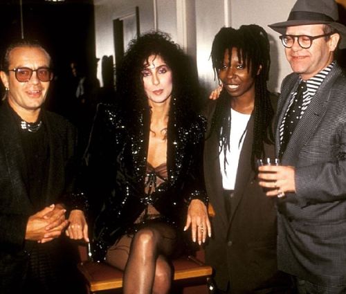 Bernie Taupin, Cher, Whoopi Goldberg, and Elton John, MTV Video Music Awards, New York City, Septemb