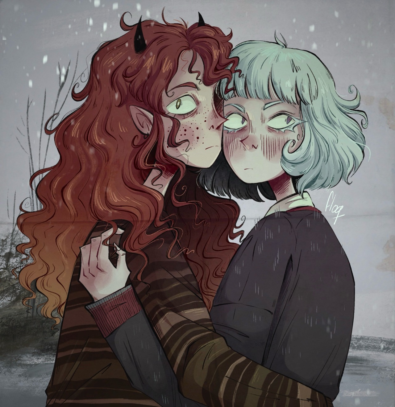 Medium shot digital drawing of two girls hugging while waringly looking at theirs surroundings, they are standing in the wilderness in front of a dead tree and some bushes while snow slowly fall on top of them. The girl to the left, my OC Anne Espinoza, is a girl with freckled fair skin and long, wavy read hair; she has a pair of black horns on her head, pointy ears and green eyes with white pupils. She is the taller of the two and is wearing a brown sweater with green and cream stripes. The girl on the right, my OC Violeta Eberhardt,  is a slim, short girl with albinism. She has pale white skin, white straight hair styled as a short bob and purple-ish blue eyes with white eyelashes. She´s wearing a school uniform composed of a gray sweater with red accent. Both girls faces touching while they embrace eachother, causing Anne´s left eye to be completely obscured by the angle. The images is painted with muted to give an eerie vibe to the viewer.