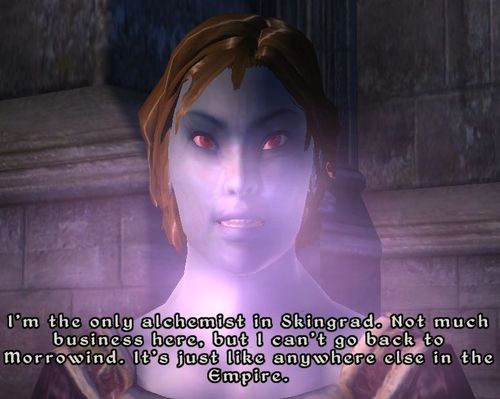 voqurnen-jovein:  why hello ms dunmer lady     what    uh   why does my character know this  uh goodbye ms dunmer lady    