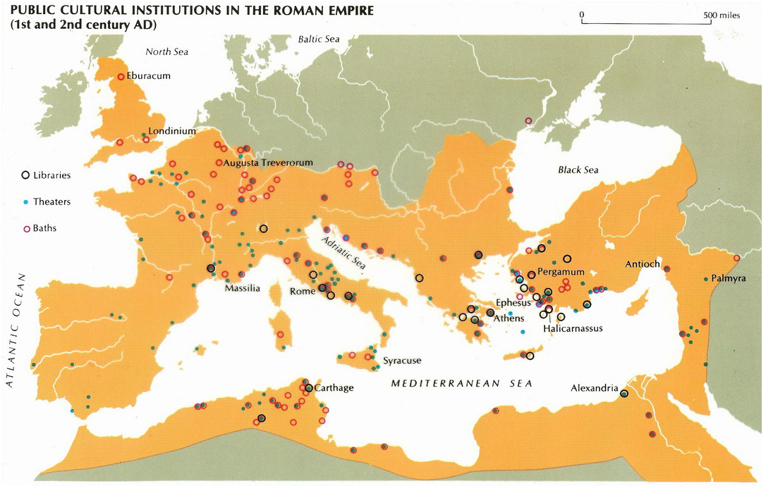 Libraries, theaters and baths in the Roman Empire, 1st and 2nd century.