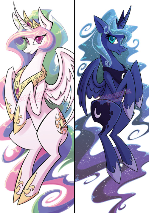 dragonbeak:  Finished up the art for my new reversible Celestia/Luna body pillow covers and put in my order for Bronycon~! Here’s hoping they’ll arrive in time. Extras will be available on my Etsy, around August!   Commissions | Etsy | Twitter | Instagram