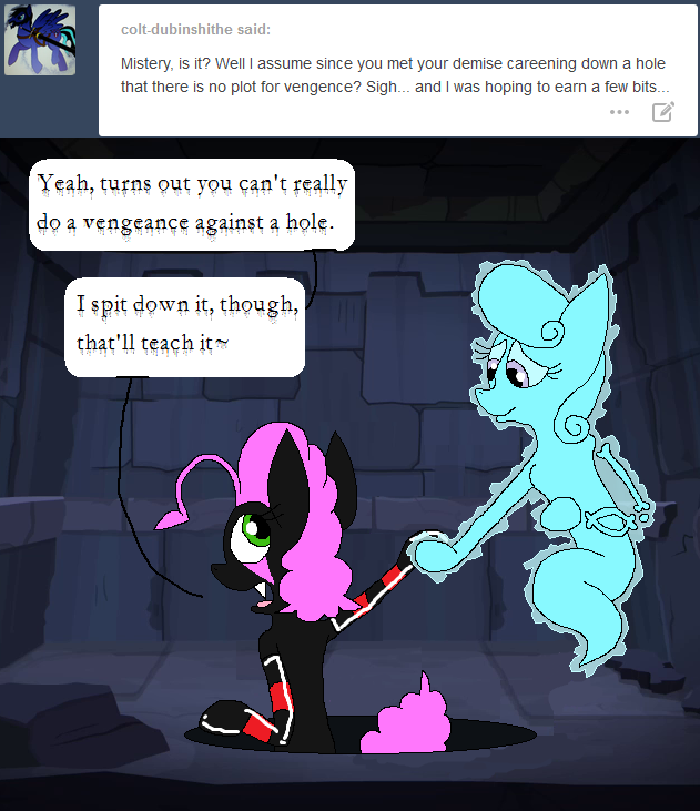 darkfiretaimatsu:  Nopony likes being spat on, not even a dirty old hole in a castle.