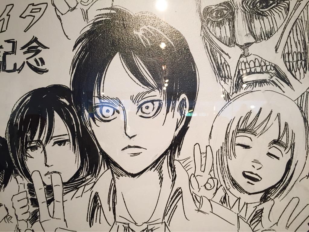 Isayama Hajime created a live sketch of Levi, Mikasa, Eren, Colossal Titan, and Armin