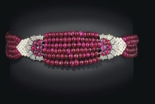 Spinel, pearl and diamond choker