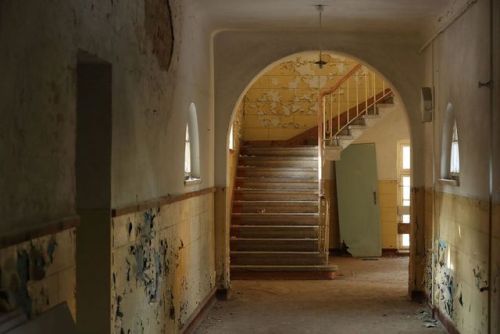 A staircase in the officers&rsquo; building of the abandoned Soviet military base at Wünsdorf (East 