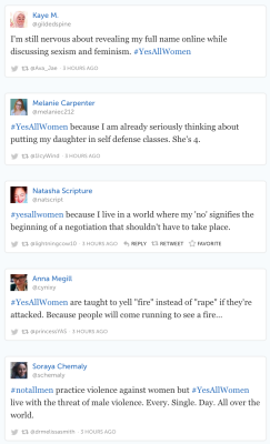 fandomsandfeminism:  mensrightsactivism:  I’m working on a piece about Elliot Rodger and ambient terrorism; in the meantime, please check out the amazing #yesallwomen hashtag on Twitter:   Some of the tweets reference things that Rodger spoke about