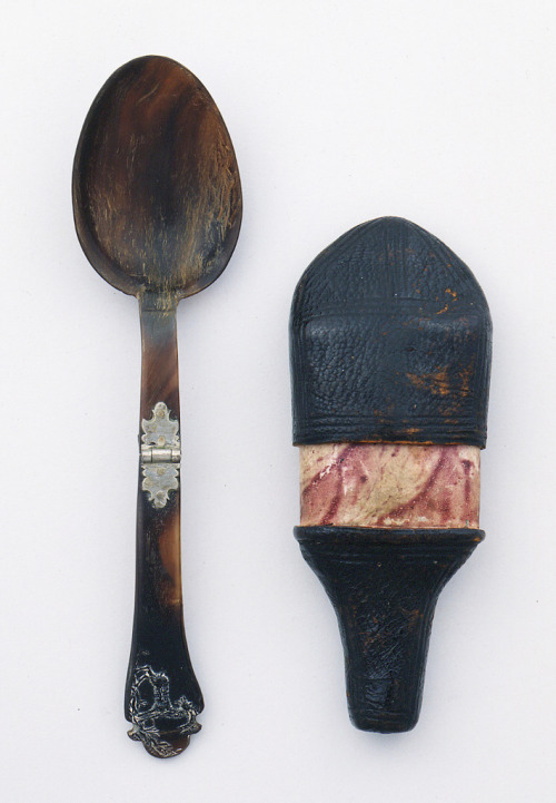 Folding spoon and case, 1710, Horn, silver, leather, paper. Germany. Via Cooper Hewitt