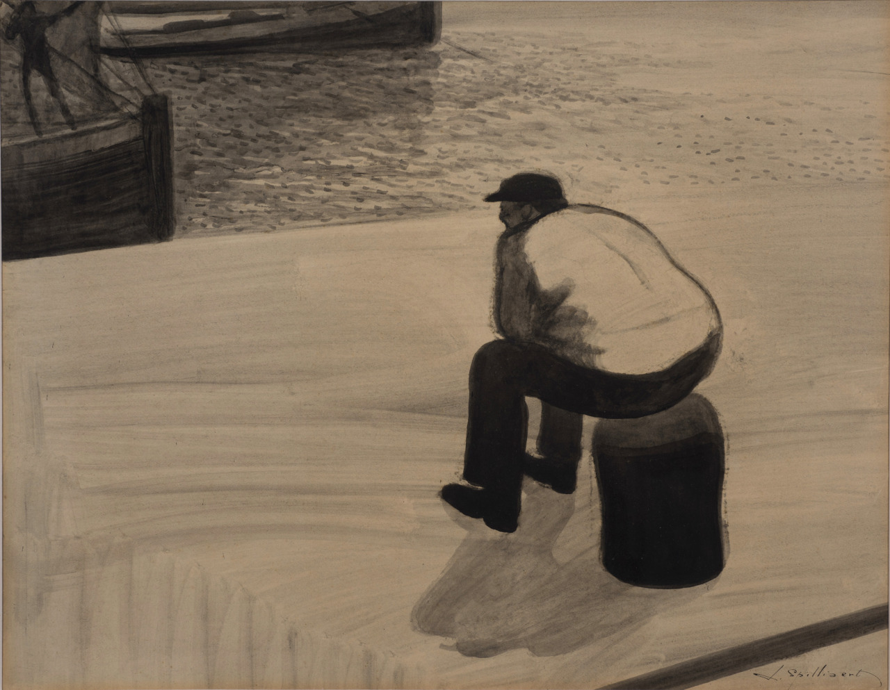 Léon Spilliaert (Belgian, 1881-1946)
Fisherman sitting on a stand, 1909
Mixed media on paper, 46 x 59 cm