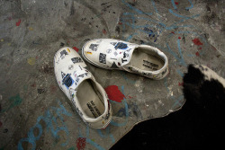 sombre-mais-beau:  Raf Simons x Vans x Colette x Comme des Garçons limited edition slip ons. Only a hundred pairs of these sneakers were produced in 2005 for the Colette meets Comme des Garçons store.  The canvas was decorated with logos from Raf Simons