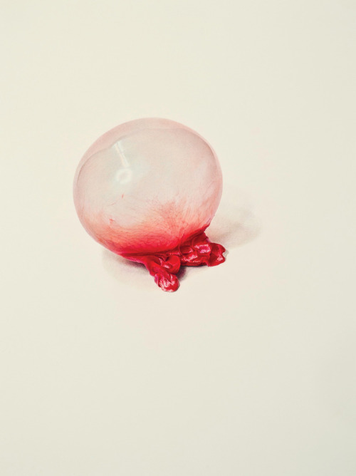 likeafieldmouse:  Julia Randall - Blown (2011-12) - Color pencil on paper Artist’s statement:  “Bubblegum initially connotes innocent, cheeky pleasure, yet the fragile skin of gum also points to the susceptibility of the body, and the dreaded passage