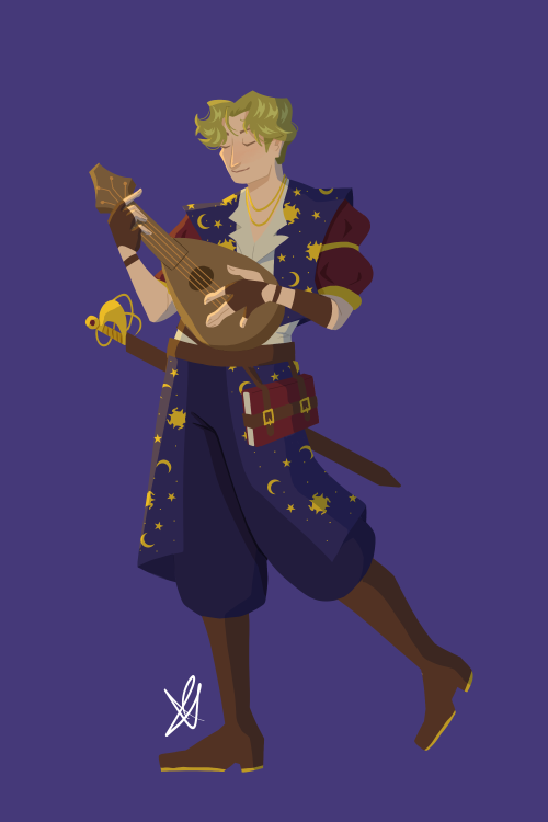 A lineless illustration of a pale man with short wavy blond hair. He is wearing fantasy inspired performer's clothes in navy and dark red. His head is tilted down with his eyes closed and he is smiling while playing a lute.