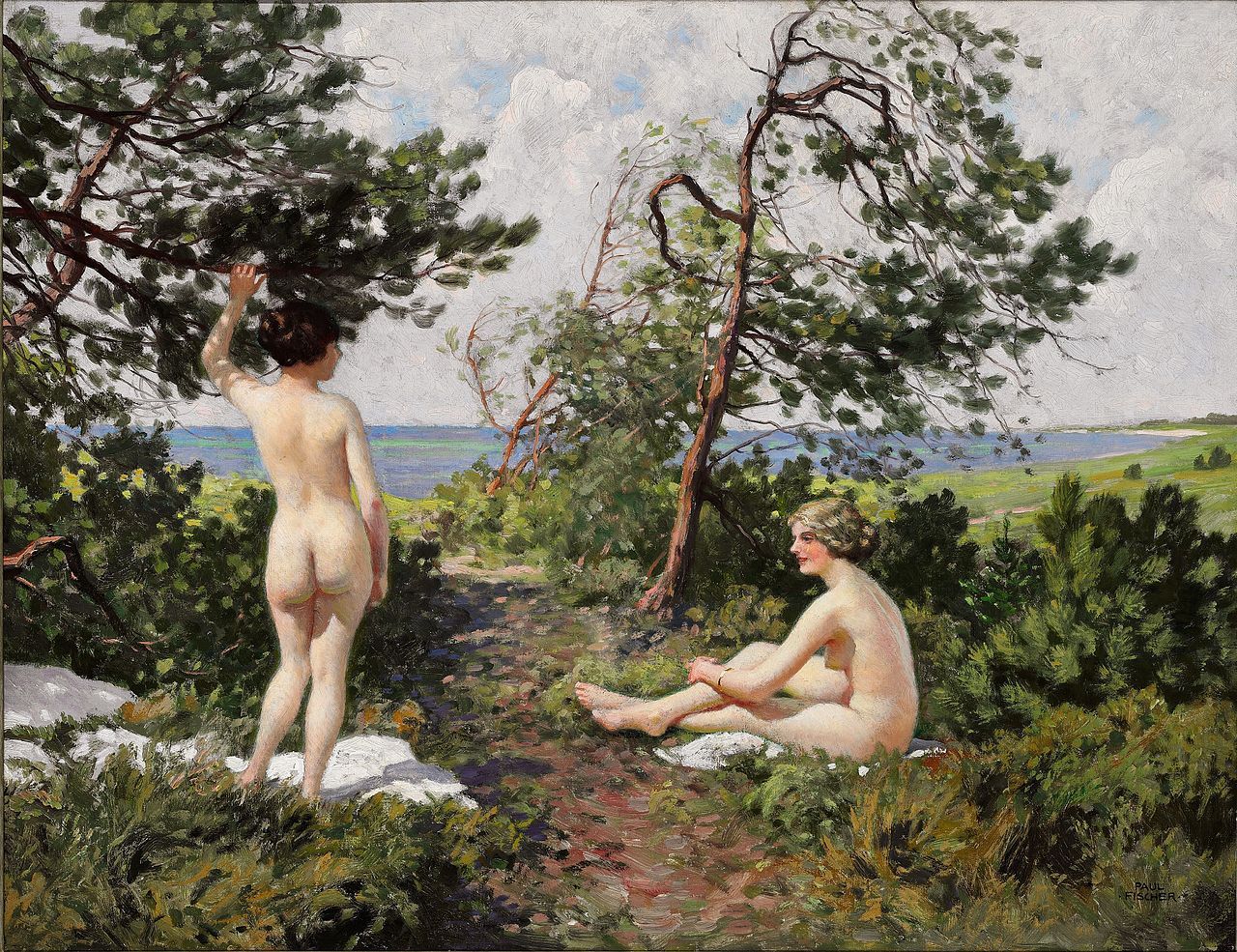   Two bathing girls in the bushes near the coast of Hornbæk, by Paul-Gustave Fischer.