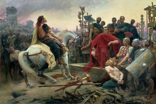 historicaltimes: Vercingetorix throws down his arms at the feet of Julius Caesar - Lionel Royer, 189