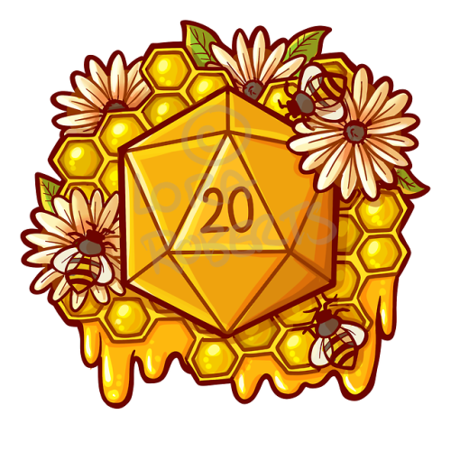 dungeons-and-captions: lizzorasaurus:bees? [image description: a drawing of a gold D20 die on a hone