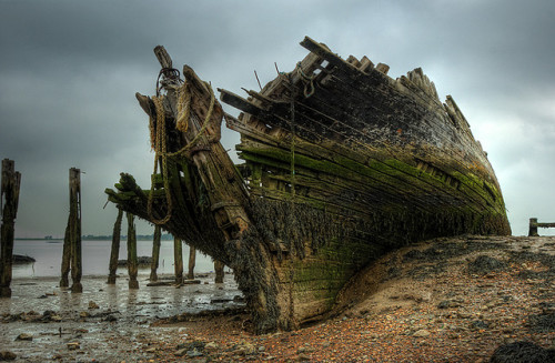 destroyed-and-abandoned:Wreck of the Hans Egede, a 1927 Danish schooner ship. Cliffe, United Kingdom