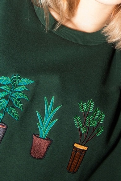 b0hemian-vibes:Plant Embroidery Pullover Sweatshirt