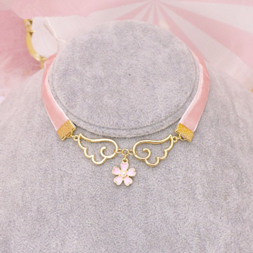 kaonoshi:Faux Pearl Wings Flower Velvet Choker Necklace