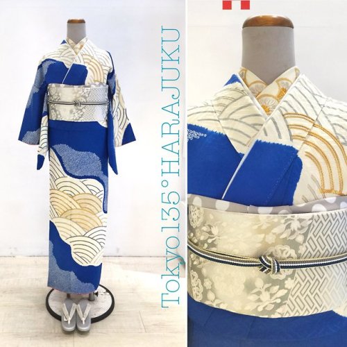 Impressive seigaiha (interlocking waves) homongi, kimono outfit by Tokyo135°