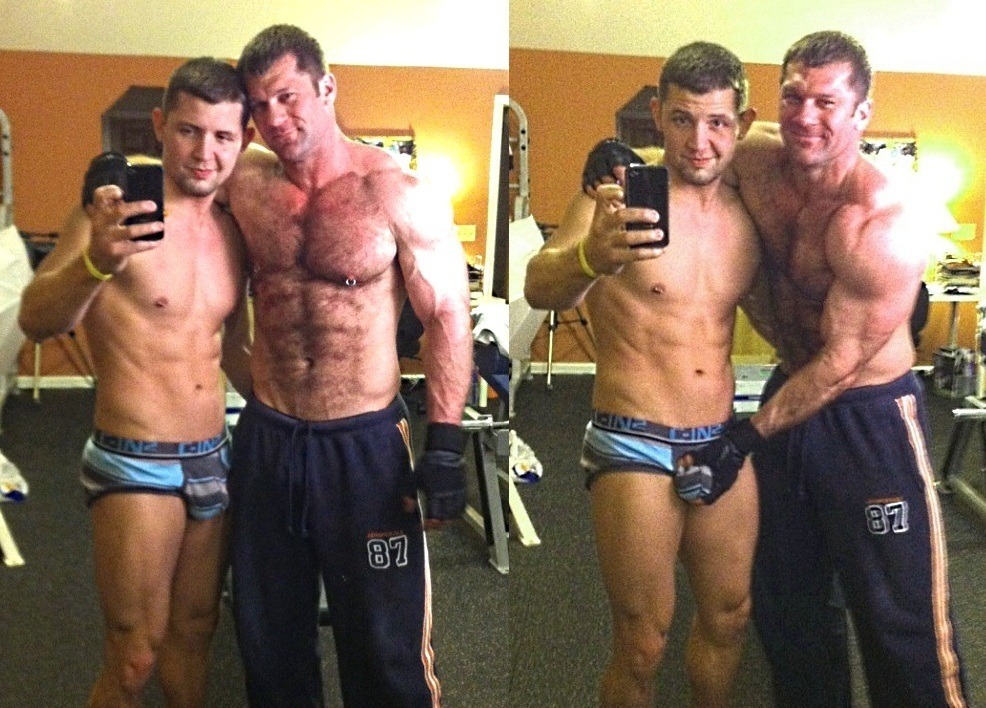 Hot Dad/son couple: Chizzad poses as his Boy Wonder, Gunner, grabs a shot. Then the