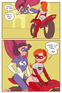 yamino:  🏍💨💨(This is part of a series of Elastigirl/Stratogale AU comics. You can read them all here!)