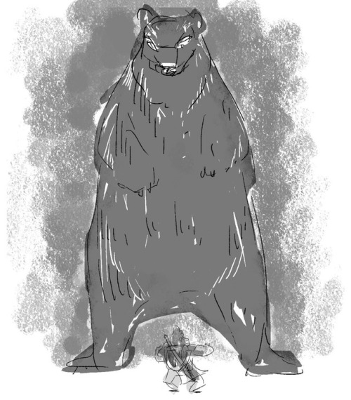 bummbleydoodley: Maggie meets the Power Bear [ID: three drawings, beginning with a doodle of Magnus 