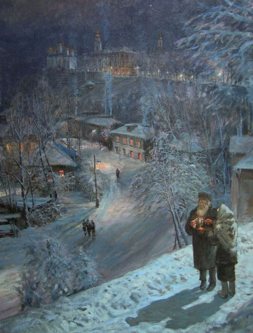 Christmas Night  -  Viktor Mikhailovich Lukyanov , 2001Russian,b.1940-Oik on canvas