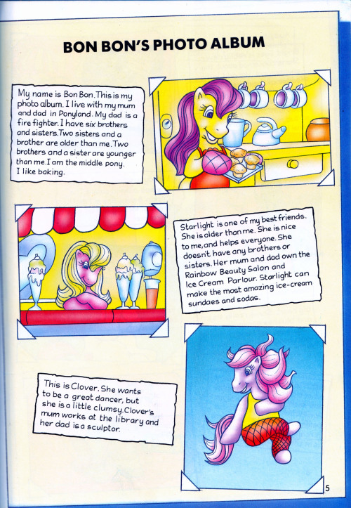 Character profiles from the London Editions/Egmont Magazines My Little Pony Annual of 1994, which wa