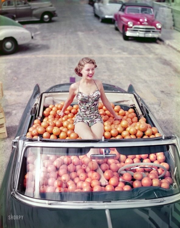 wonderful-strange:  weirdvintage: Cadillac convertible with oranges and pretty lady,