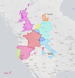 mapsontheweb:Western Europe vs West Coast at same latitude and relative size.